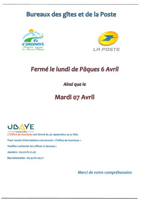 Fermeture bureaux des gites et de la poste le 07 avril 2026
