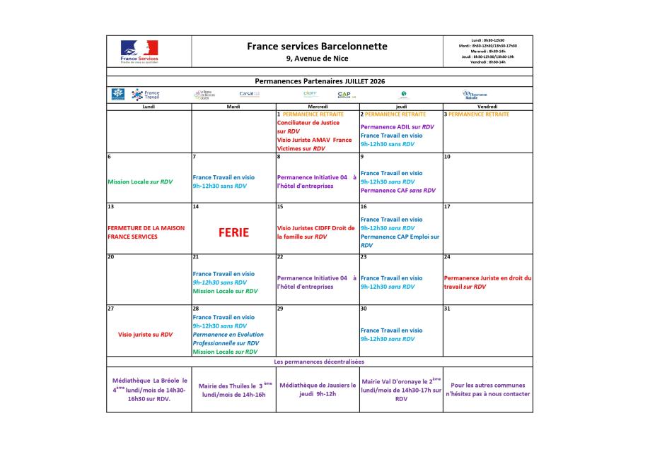 Planning Juillet 2026 maison France Services