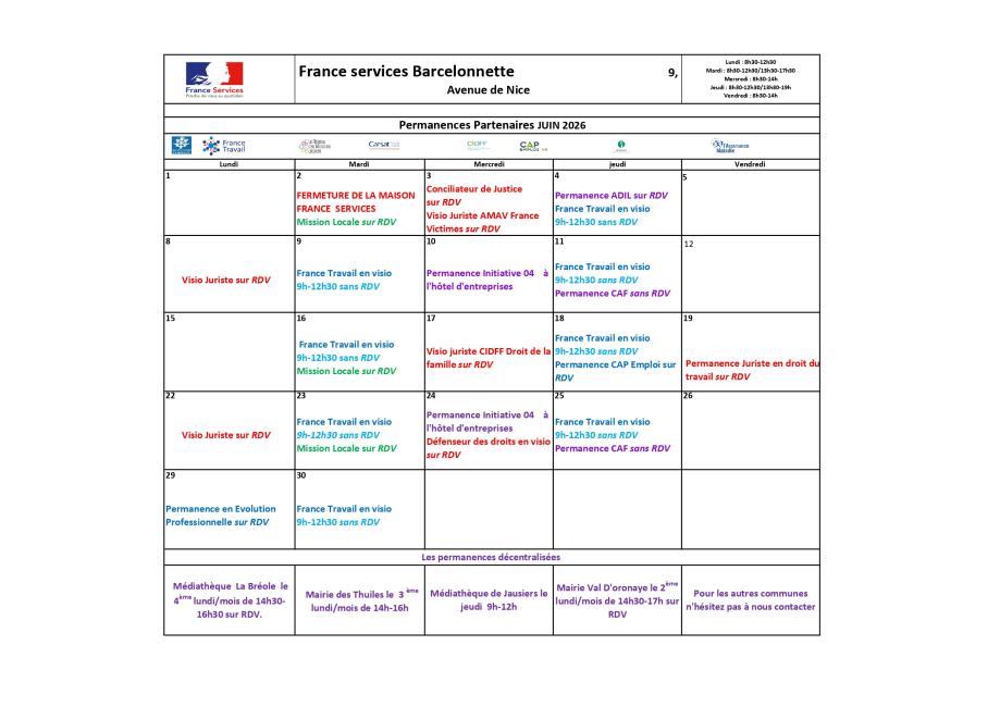 Planning du mois de juin de la Maison France services